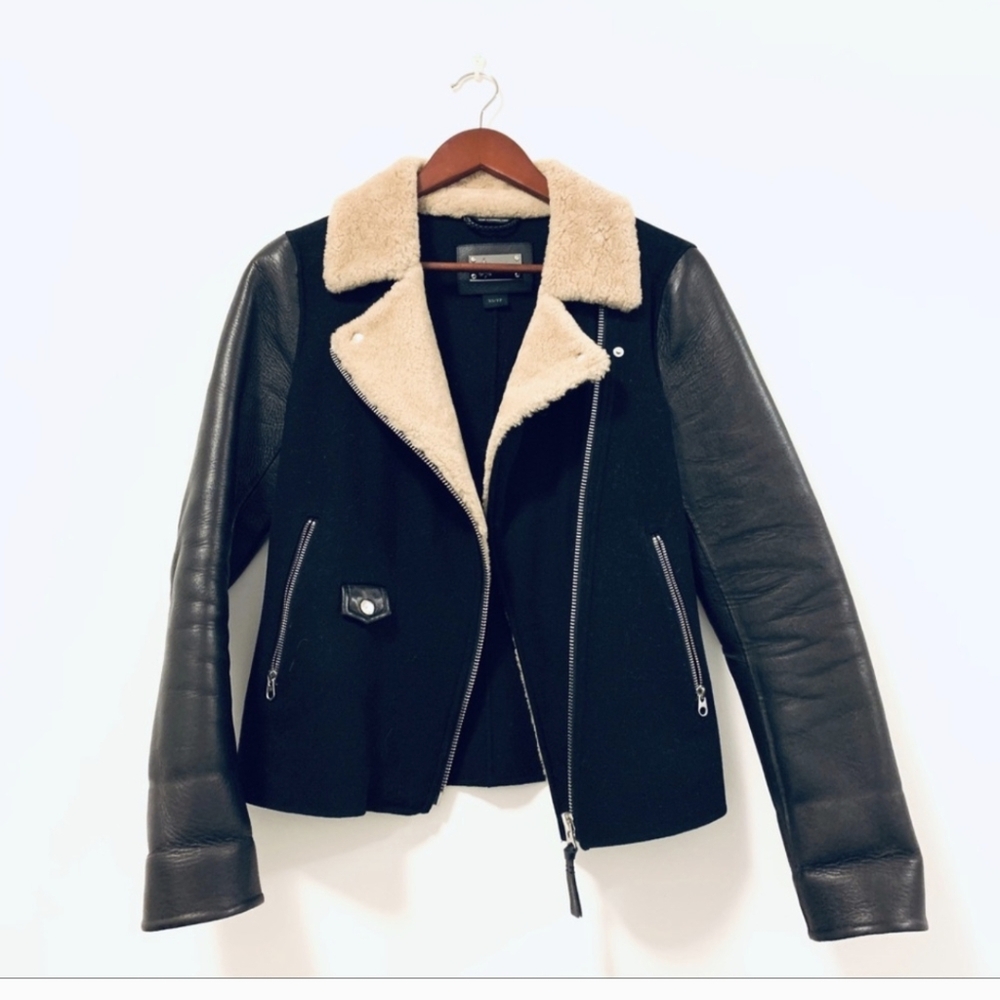 Mackage Black and Tan Leather Jacket Asymmetrical Design Like New